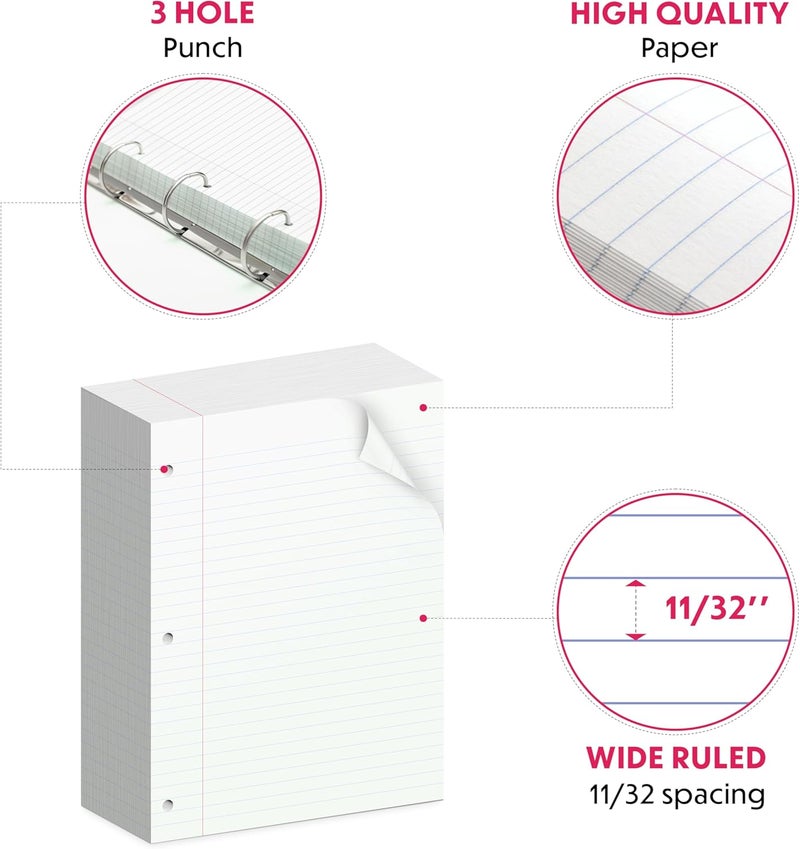 Alitte Loose Leaf Paper, Wide Ruled, 600 Sheets (150/Pack) Filler Paper for Writing Notes - School, College, Office - 3 Hole-Punch Lined Sheets for Ring Binders, Pocket Folders - White, 8 x 10.5 - Image 2
